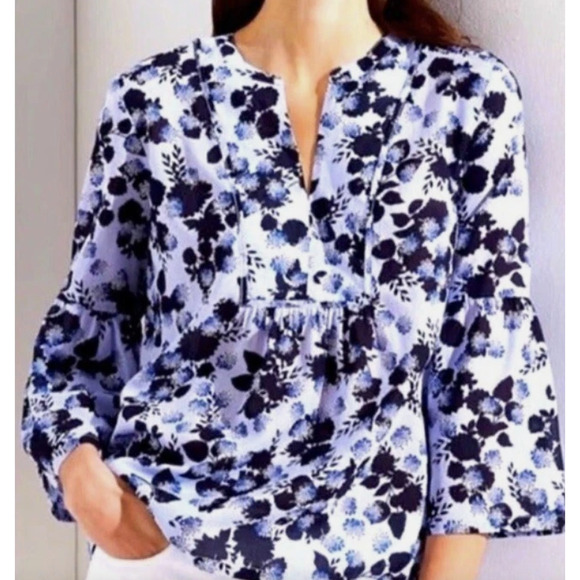 Loft floral peasant boho 3/4 bell Sleeve women's ight blue Blouse Size large - Picture 7 of 13